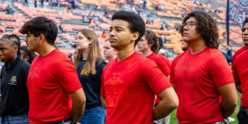 Future U.S. service members from the Army National Guard, Navy, and Marine Corps conducted their Oath of Enlistment Ceremony following up to the Auburn University vs Mercer College home game at Jordan-Hare Stadium, Auburn, Alabama, on November 22, 2025. The Oath of Enlistment is a solemn promise made by new U.S. service members to support and defend the Constitution.  (U.S. Marine Corps photo by Sgt. Ruben Padilla)