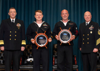 Naval Sea Systems Command 2025 Sailor of the Year (SOY) ceremony was hosted by Vice Adm. Jim Downey, commander of NAVSEA, and held in the auditorium at the Washington Navy Yard. ND1 Andrew Turner, Naval Undersea Warfare Center, Keyport, was the active duty winner, and ET1 Carl Frost II, Surgemain Norfolk Naval Shipyard, Raleigh, was the reservist winner. Photo by Laura Lakeway