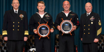 Naval Sea Systems Command 2025 Sailor of the Year (SOY) ceremony was hosted by Vice Adm. Jim Downey, commander of NAVSEA, and held in the auditorium at the Washington Navy Yard. ND1 Andrew Turner, Naval Undersea Warfare Center, Keyport, was the active duty winner, and ET1 Carl Frost II, Surgemain Norfolk Naval Shipyard, Raleigh, was the reservist winner. Photo by Laura Lakeway
