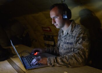 Senior Airman Ryan Zeski utilizes time during a long flight as a passenger on a Michigan Air National Guard KC-135 Stratotanker to work on some homework for a course he is taking at Oakland University in MIchigan, Nov. 8, 2018. Zeski is one of more than 250 Michigan Citizen-Airmen who are utilizing state or federal tuition assistance to further his education through his military service. (U.S. Air National Guard photo by Tech. Sgt. Dan Heaton)