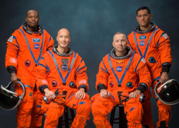 The Artemis III crew poses for an official portrait (from left: Andre Douglas, Luca Parmitano, Randy Bresnik, Frank Rubio). Photo credit: NASA/Bill Stafford.