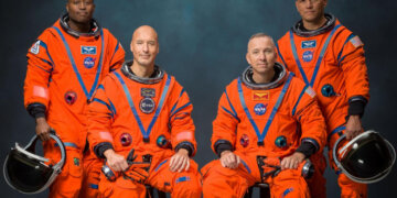 The Artemis III crew poses for an official portrait (from left: Andre Douglas, Luca Parmitano, Randy Bresnik, Frank Rubio). Photo credit: NASA/Bill Stafford.
