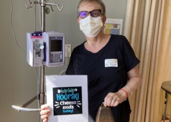 Cindy Chaffee, a former Army reservist and Assistant Conductor of the Army Reserve Band, celebrates her last chemo treatment. Courtesy photo