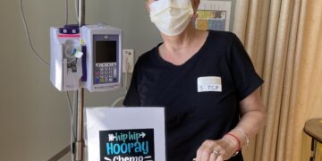 Cindy Chaffee, a former Army reservist and Assistant Conductor of the Army Reserve Band, celebrates her last chemo treatment. Courtesy photo